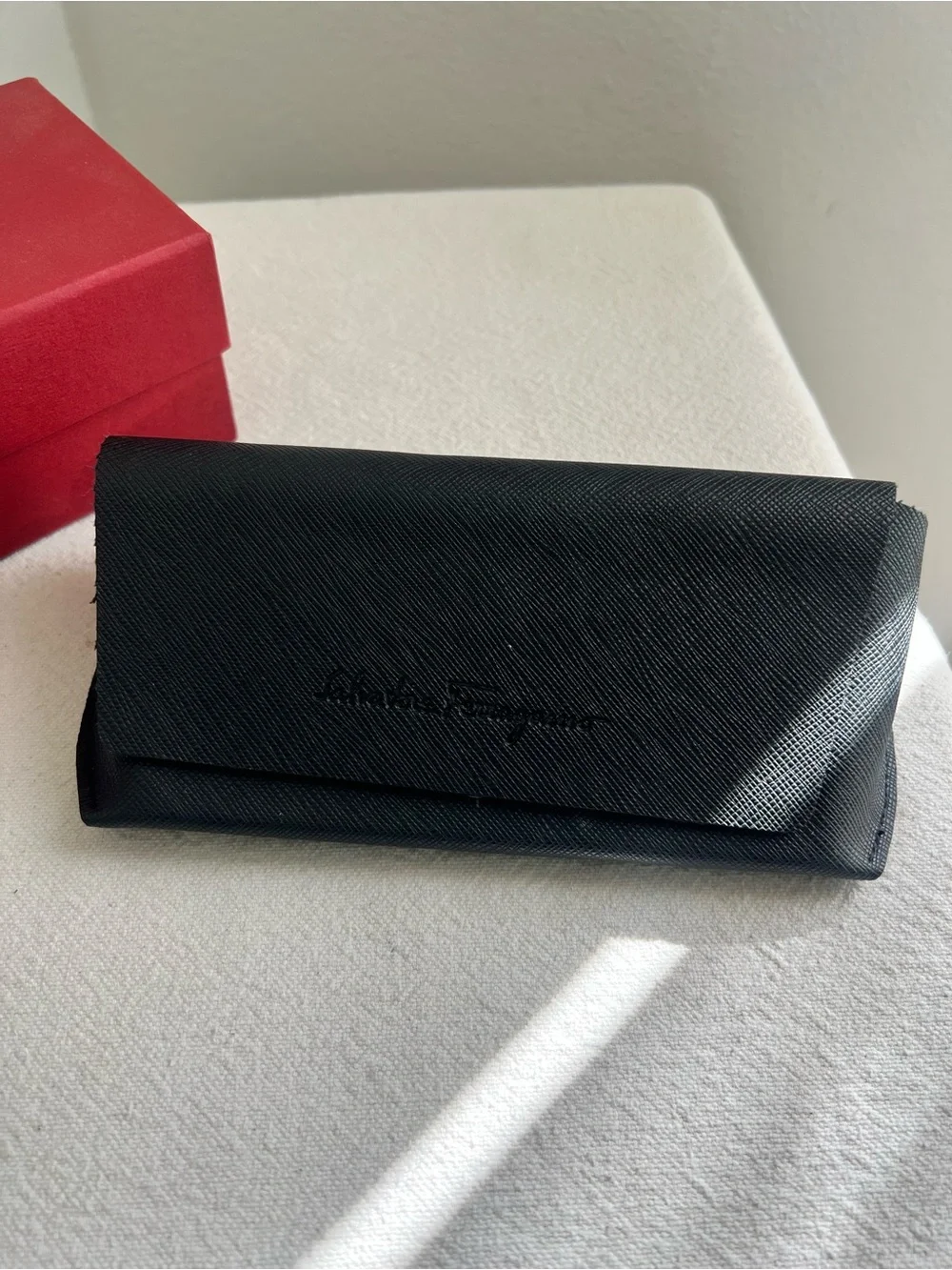 Salvatore Ferragamo Black Leather Sunglasses Case with Red Box